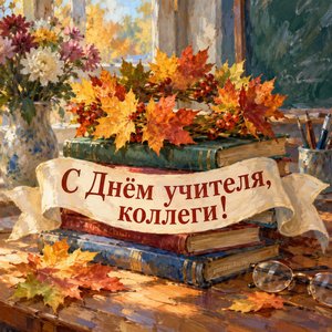 Открытка «С Днём учителя, коллеги!» с короной из листьев