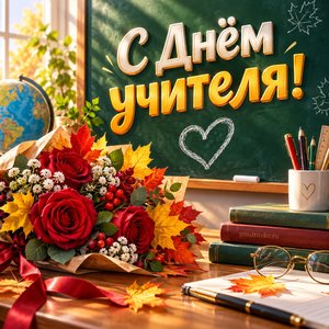 Открытка «С Днём учителя!» с доской и букетом