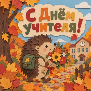 Открытка «С Днём учителя!» с ёжиком и букетом
