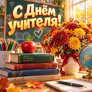 Открытка «С Днём учителя!» с глобусом и хризантемами