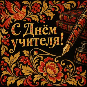Открытка «С Днём учителя!» с пером и цветами
