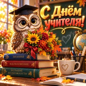 Открытка «С Днём учителя!» с совой на книгах