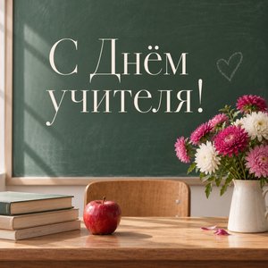 Открытка «С Днём учителя!» с яблоком на столе учителя