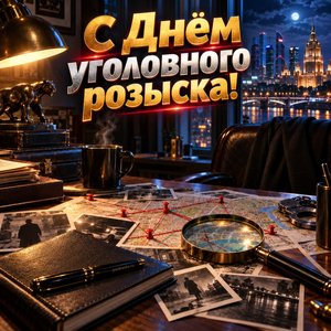 Открытка «С Днём уголовного розыска!» с лупой и картой дела