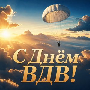 Открытка с Днём ВДВ с белым парашютом на рассвете