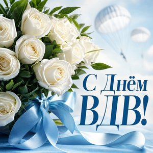 Открытка с Днём ВДВ с белыми розами и голубой лентой