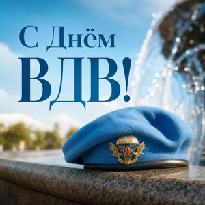 Открытка с Днём ВДВ с голубым беретом у фонтана