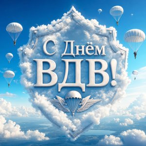 Открытка с Днём ВДВ с облачным щитом