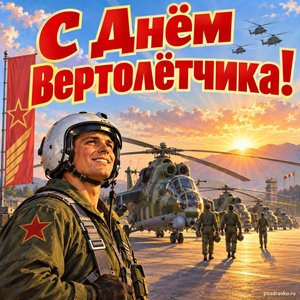 Открытка «С Днём вертолётчика!» с аэродромом на рассвете