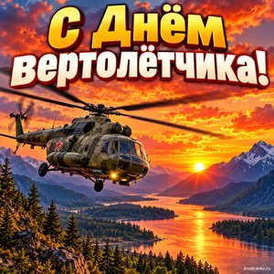 Открытка «С Днём вертолётчика!» с вертолётом над рекой