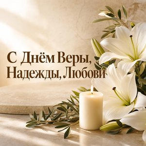 Открытка с Днём Веры, Надежды, Любови с белыми лилиями и свечой