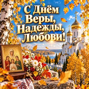 Открытка «С Днём Веры, Надежды, Любови!» с храмом среди осенних берёз