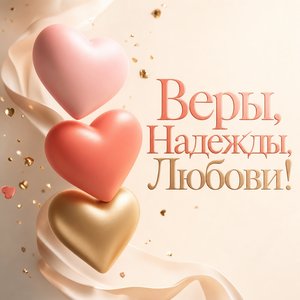 Открытка с Днём Веры, Надежды, Любови с тремя объёмными сердцами