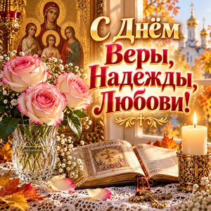 Открытка «С Днём Веры, Надежды, Любови!» с тремя розами и свечой