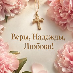 Открытка с Днём Веры, Надежды, Любови с золотым крестиком и пионами
