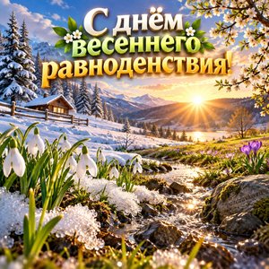 Открытка «С днём весеннего равноденствия!» с подснежниками на рассвете