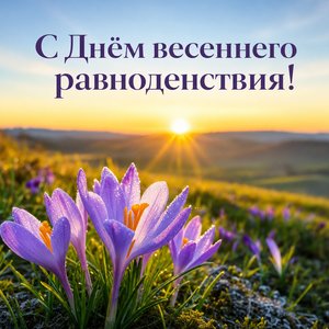 Открытка с Днём весеннего равноденствия с солнцем и крокусами