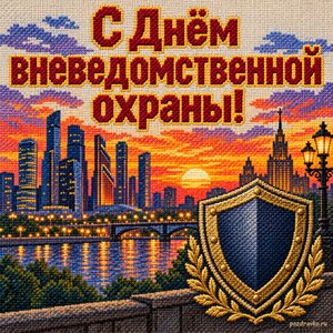Открытка «С Днём вневедомственной охраны!» с городом в сумерках