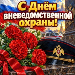 Открытка «С Днём вневедомственной охраны!» с гвоздиками и фуражкой