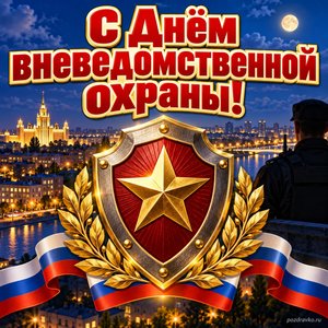 Открытка «С Днём вневедомственной охраны!» со щитом над городом