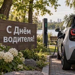 Открытка «С Днём водителя!» с электромобилем