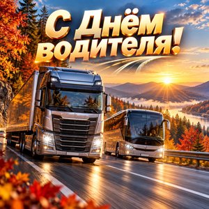 Открытка «С Днём водителя!» с грузовиком и автобусом