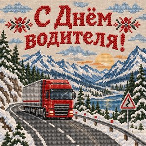 Открытка «С Днём водителя!» с грузовиком в горах