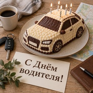 Открытка «С Днём водителя!» с тортом-машинкой
