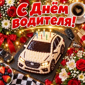 Открытка «С Днём водителя!» с тортом-машинкой и цветами