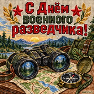 Открытка «С Днём военного разведчика!» с биноклем и картой