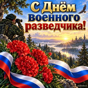 Открытка «С Днём военного разведчика!» с гвоздиками и флагом