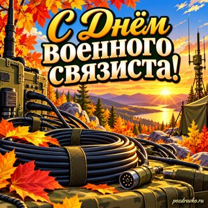 Открытка «С Днём военного связиста!» с аккуратно уложенными кабелями при золотом солнечном свете