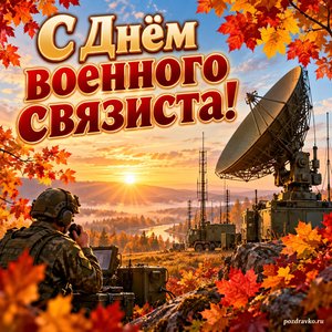Открытка «С Днём военного связиста!» с антенной на фоне рассвета в рамке из кленовых листьев