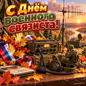 Открытка «С Днём военного связиста!» с радиостанцией и золотыми листьями с нарядными праздничными лентами