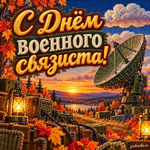 Открытка «С Днём военного связиста!» с спутниковой тарелкой и облаками в сиянии уютных фонариков