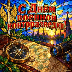 Открытка «С Днём военной контрразведки!» с картой и компасом