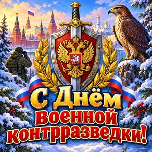 Открытка «С Днём военной контрразведки!» со щитом и мечом