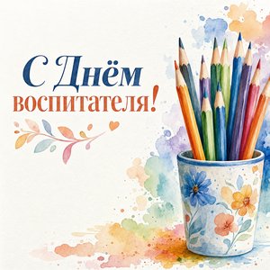 Открытка с Днём воспитателя и дошкольного работника с цветными карандашами