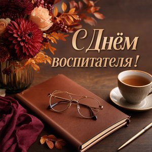 Открытка с Днём воспитателя и дошкольного работника с ежедневником и букетом