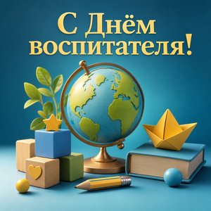 Открытка с Днём воспитателя и дошкольного работника с глобусом и игрушками