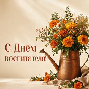 Открытка с Днём воспитателя и дошкольного работника с лейкой и цветами