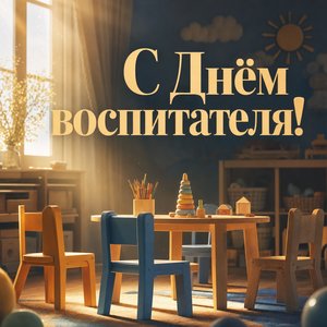 Открытка с Днём воспитателя и дошкольного работника с маленькими стульчиками