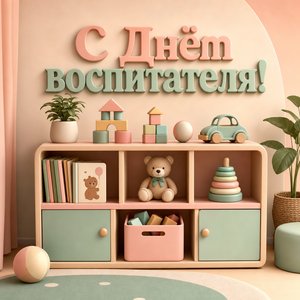 Открытка с Днём воспитателя и дошкольного работника с полкой игрушек