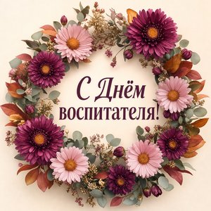 Открытка с Днём воспитателя и дошкольного работника с венком из астр