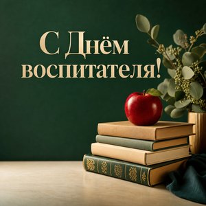 Открытка с Днём воспитателя и дошкольного работника со стопкой книг и яблоком