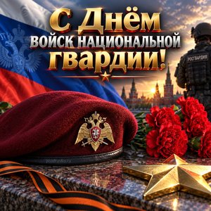 Открытка «С Днём войск национальной гвардии!» с беретом и гвоздиками