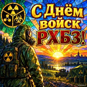 Открытка «С Днём войск РХБЗ!» с бойцом на рассвете