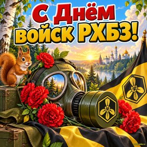 Открытка «С Днём войск РХБЗ!» с противогазом и гвоздиками