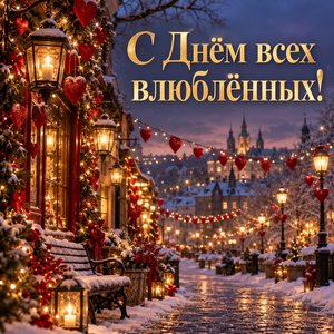 Открытка «С Днём всех влюблённых!» с гирляндами-сердцами