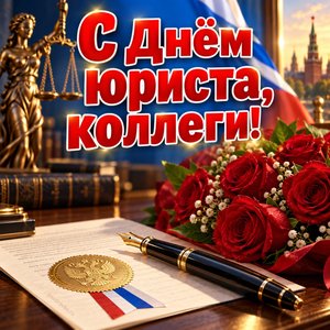 Открытка «С Днём юриста, коллеги!» с печатью и розами